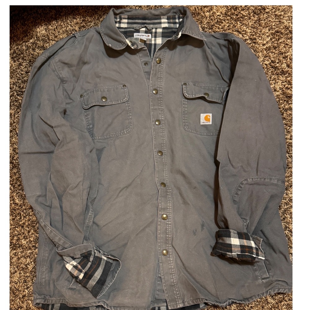 Carhartt Hubbard Flannel Lined Canvas Shirt Jacket Shacket Grey 2XL Tall